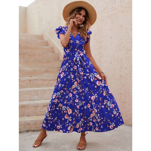 Floral Print Butterfly Sleeve Ruffle Hem Belted maxi Dress white pink - Picture 12 of 12